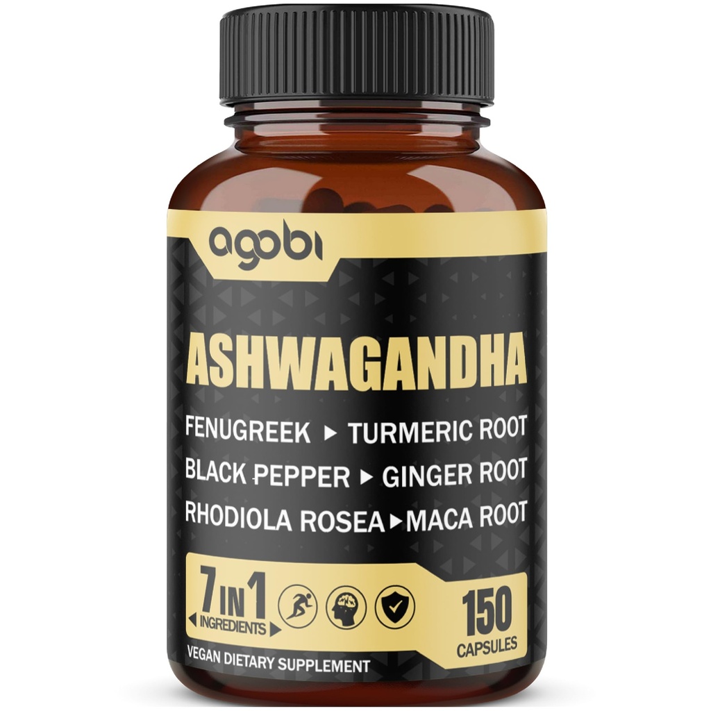 Ashwagandha Extrait Capsules 7 ingrédients à base de plantes 8050 mg - Mélange de fénugreek, de maca, de curcuma, de Rhodiola, de gingembre et de poivre noir - Sommeil, Esprit, Immune et soutien énergétique - 5-mois