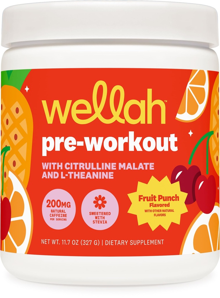 Mélange pré-entraînement Wellah (fruit punch aromatisé, 30 portions) - avec le malate de Citrulline et L-Theanine, 200mg de caféine naturelle et 1000mg de bêta-alanine