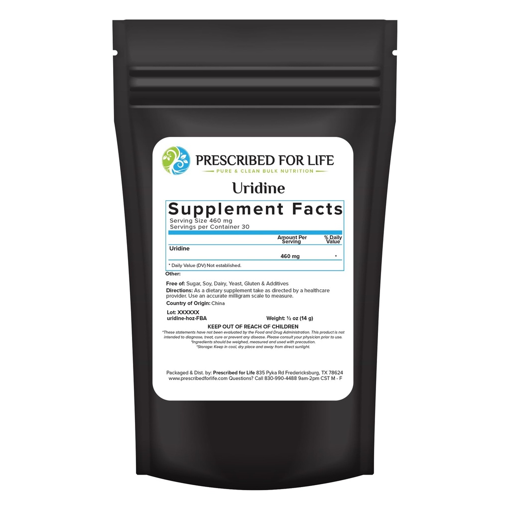 Préscription pour la vie Uridine, poudre de monophosphate d'uridine pure, supplément nootropique pour mémoire, clarté, et focus, sans remplissage, sans additifs, végétalien, non OGM (0,5 oz / 14g)