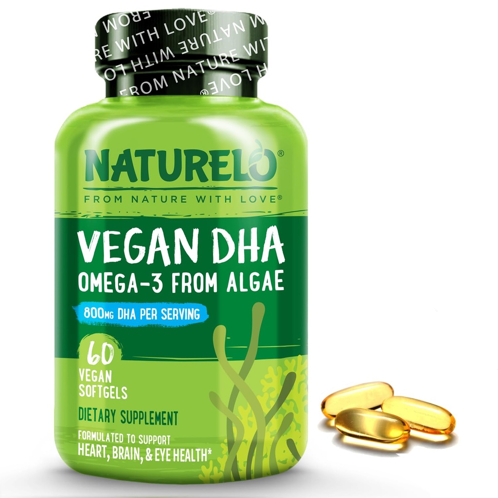 NATURELO Vegan DHA - Omega 3 Oil from Algae - Supplement for Brain, Heart, Joint, Eye Health - Provides Essential Fatty Acids for Women, Men and Kids - Complements Prenatal Vitamins - 60 Softgels