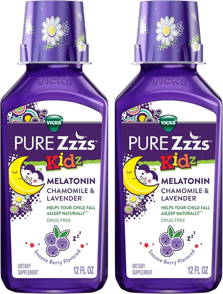 Vicks Pure Zzzs Kidz Melatonine, Kids Melatonine Liquid, Slaaphulp, Drug-Free, Liquid Melatonine 1mg, met kamille & Lavender, Melatonine Slaapmiddelen voor kinderen, Snooze Berry Flavored, 2 Pack, 24 FL OZ