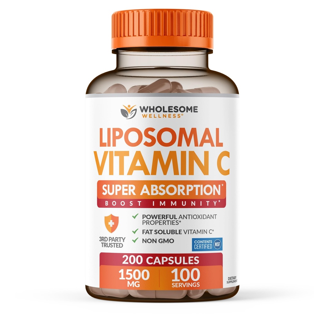 Bien-être sain Capsules de vitamine C liposomique (200 pilules de 1500mg buvées) High Absorption, système immunitaire et collagène Booster, haute dose de graisse soluble Immunity Support Acide ascorbique, végétalien naturel