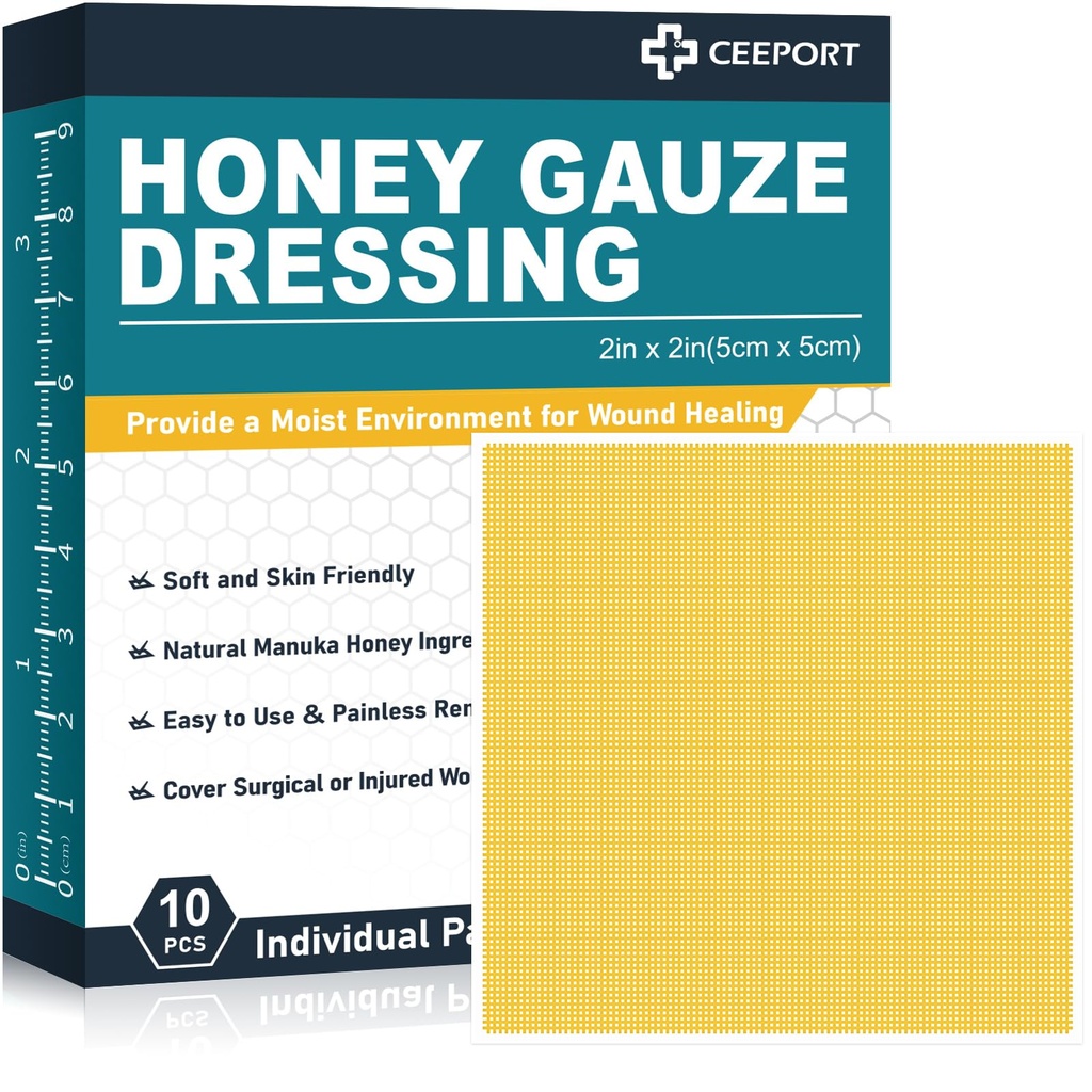 Manuka Honey Gauze Wond Dressing 2" x 2",10 Pack Manuka Honey Wound Care Pads, Medical Grade Honing Bandages voor wondverzorging, Honing Patch voor snellere genezing van Burns,Abrasions, Cuts en Scalds