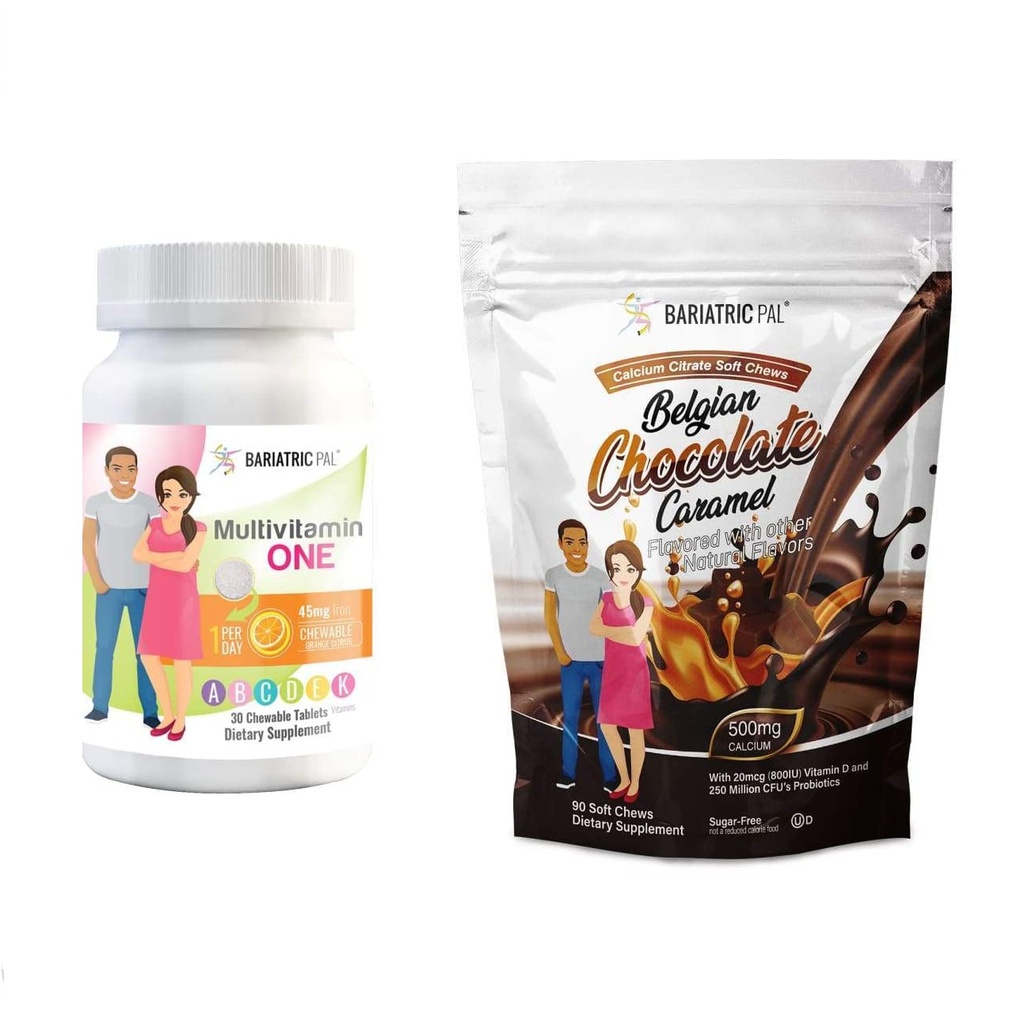 BariatricPal 30-Dag Bariatric Vitamine Bundle (Multivitamine ONE 1 per dag! met 45mg ijzer kauwbaar - Oranje Citrus en Calcium citraat Zachte Kauwt 500mg met Probiotica - Belgische Chocolade Karamel)