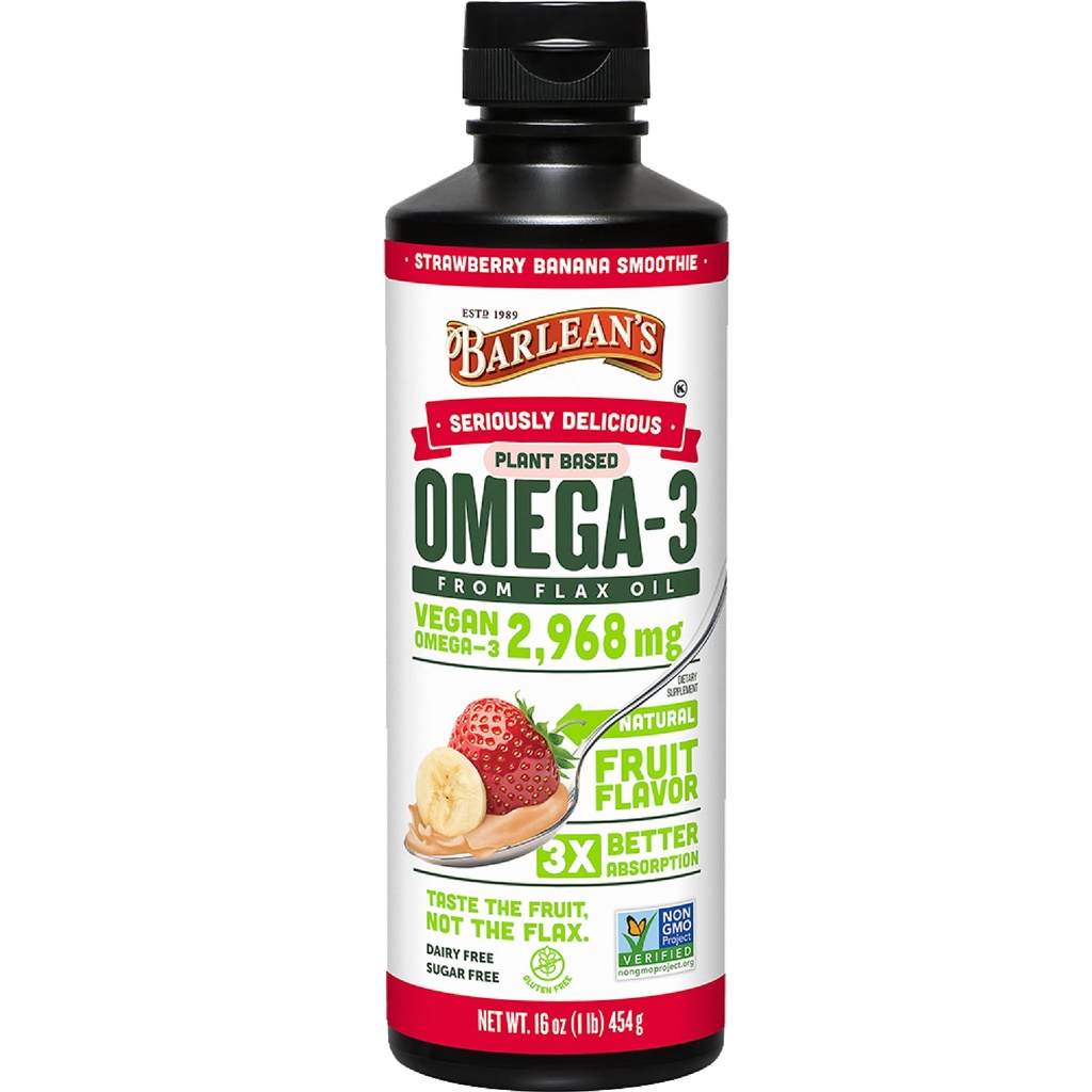 Barlean's Vegan Omega 3 6 9 L'huile de lin supplément liquide, smoothie de banane de fraise, huile de lin avec 2,968 mg ALA acide gras, non-OGM et sans gluten, 16 oz