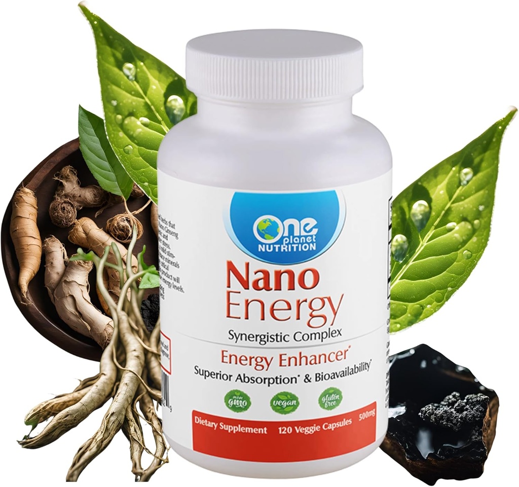 One Planet Nutrition Nano Energy 500 mg Capsules de légumes (120 portions), mélange synergique de Nano Ginseng, Shilajit, Ashwagandha & EGCG, supporte les niveaux d'énergie, non-OGM, végétalien, sans gluten