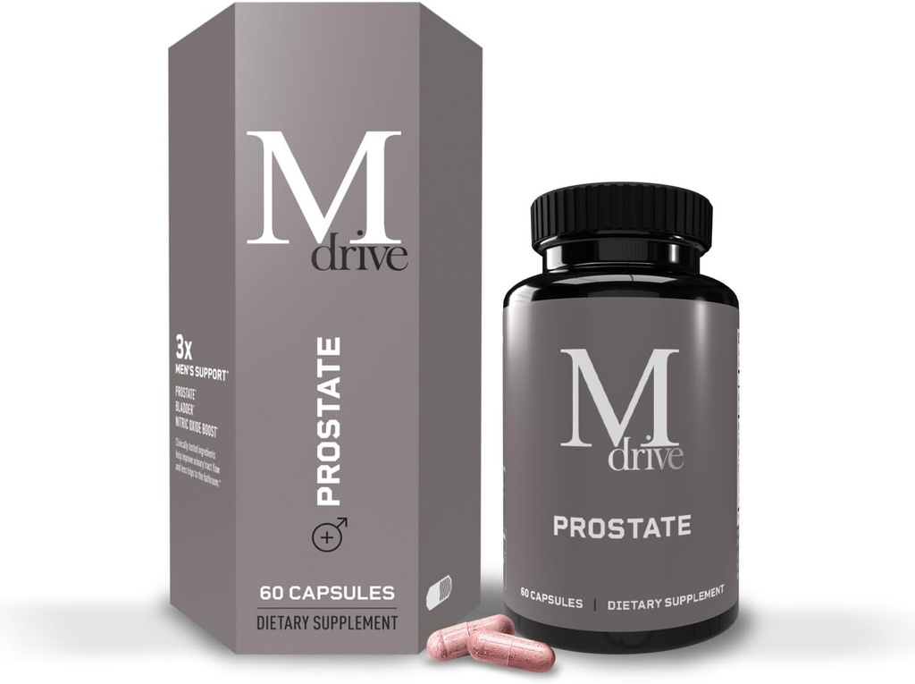 Mdrive Prostate Prostate Support Supplement voor de gezondheid van mannen, bevordert urinetrek gezondheid, ondersteunt normale stroom, frequentie en blaas legen, Flowens Cranberry Extract, S7 N.O. Booster, 60 capsules