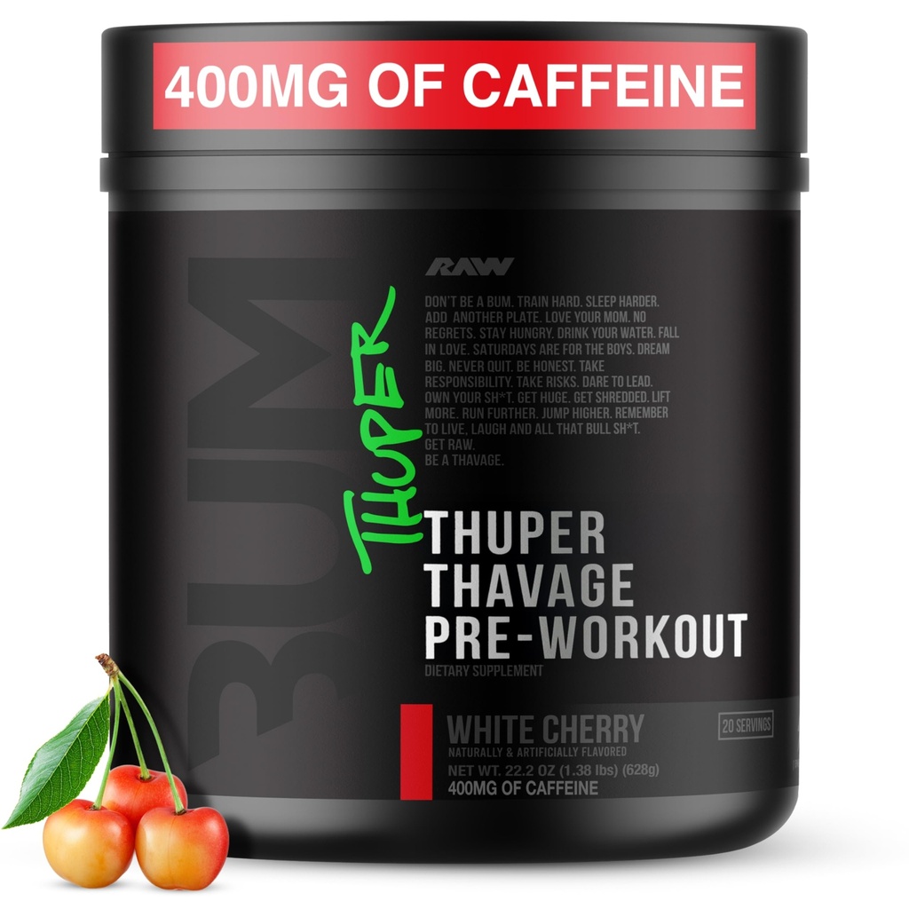 RAW Thuper Thavage Pre Workout Powder - High-Stim Preworkout met Creatine, Beta Alanine, L-Citrulline & Cafeine - Chris Bumstead Gym & Fitness Supplement voor mannen en vrouwen - White Cherry