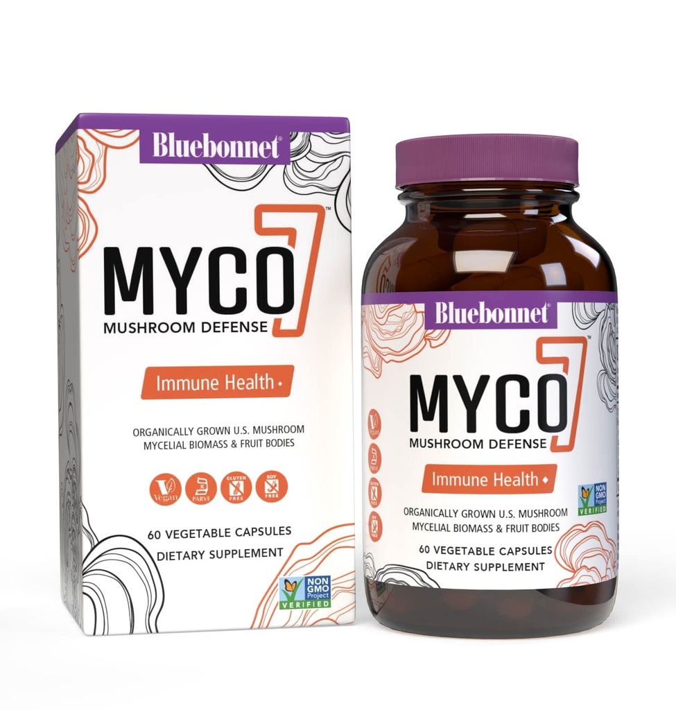 BlueBonnet Nutrition Myco-7 Paddestoel Verdediging 7 Organisch geteelde U.S. Hele, Full-Cycle › voor Immune & Wellness - Soy-Free, Gluten-Free, Non-GMO, Kosher, en Veganistane 60 plantaardige Capsules