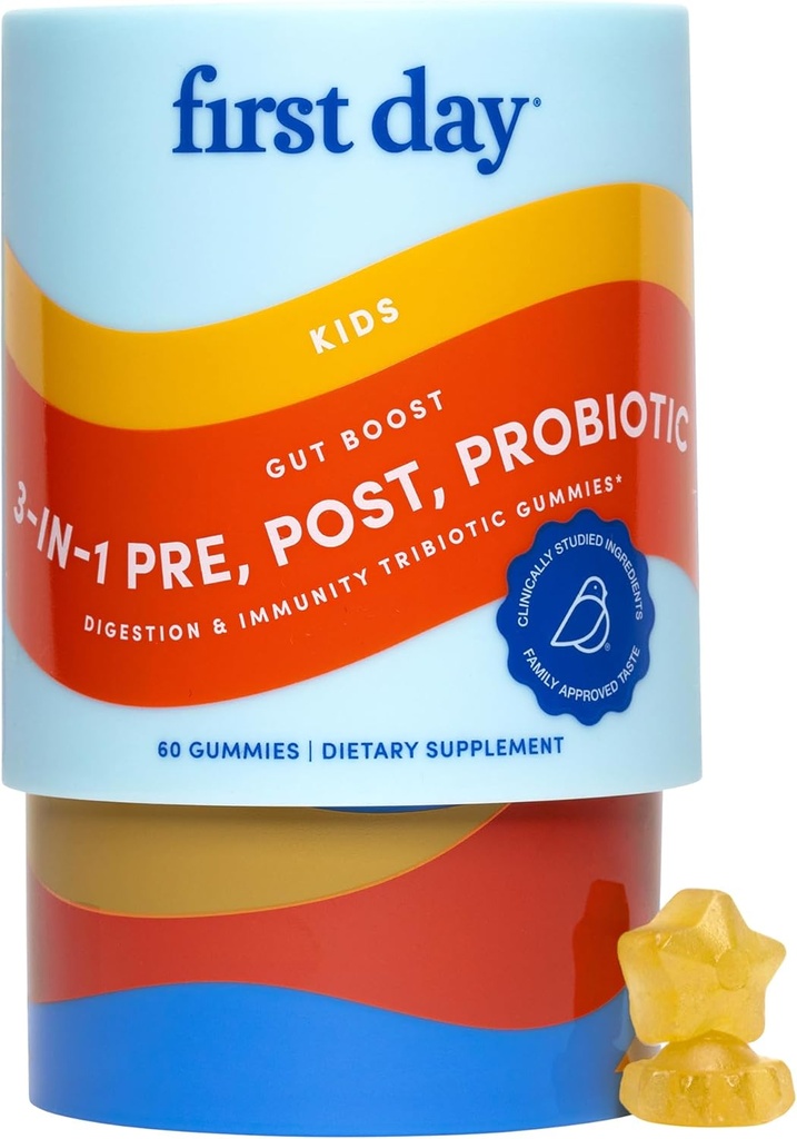 Premier jour Enfants 3-en-1 Gommies probiotiques – Prébiotique + Probiotique + Supplément postbiotique – Soutient la santé digestif et buccodentaire, la fonction immunitaire et les niveaux d'énergie – 30 jours d'approvisionnement