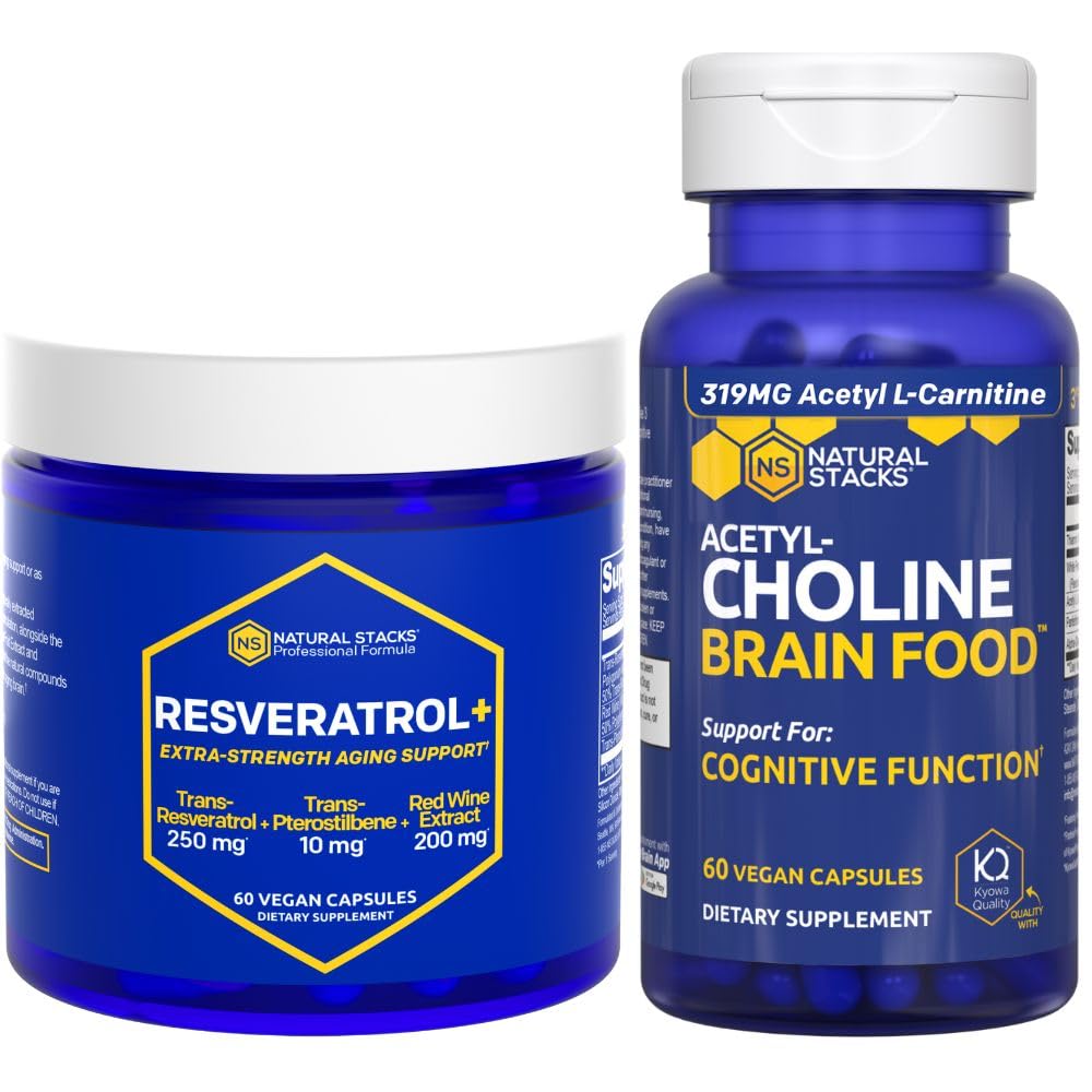 STACKS NATURAUX acétylcholine Cerveau Alimentation + Supplément Resvératrol - Soutient la fonction cognitive et le vieillissement du cerveau* - 120 Capsules totales