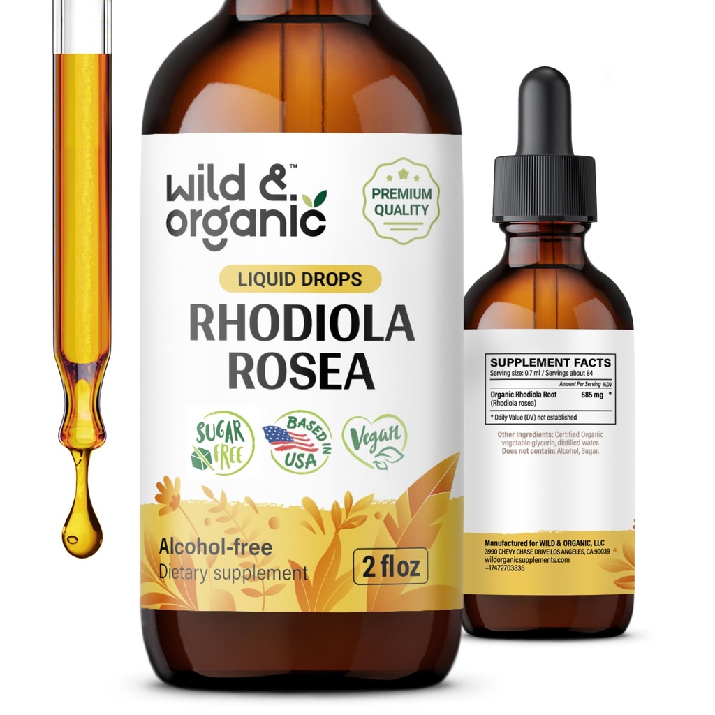 Wild & Organic Rhodiola Rosea Tinctuur - Mood Support - Relaxing Rhodiola Supplement - Root Extract Liquid Drops - Vegan, Sugar & Alcohol-Free - 2 fl oz