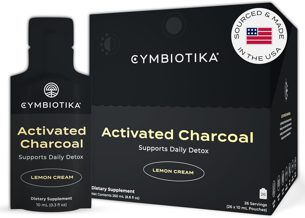CYMBIOTIKA Actieve Charcoal Liquid Supplement Packets van Kokosnoten voor opgeblazen, Gut Health & Digestieve Ondersteuning, Helpt Detox, Vitamine E, Lemon Cream Flavor, Vegan, 26 Pack