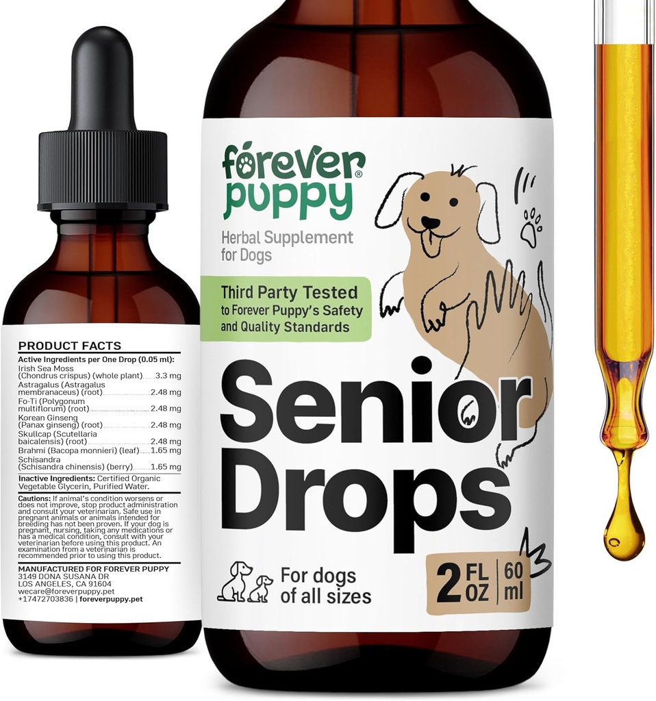 Forever Puppy Senior Dogs Drops - Immune & Brain Support Complex for Older Dogs of All Breeds & Sizes - Vitaminen en Supplementen voor Oudere Huisdieren - Voedingssupplementen - 2 oz