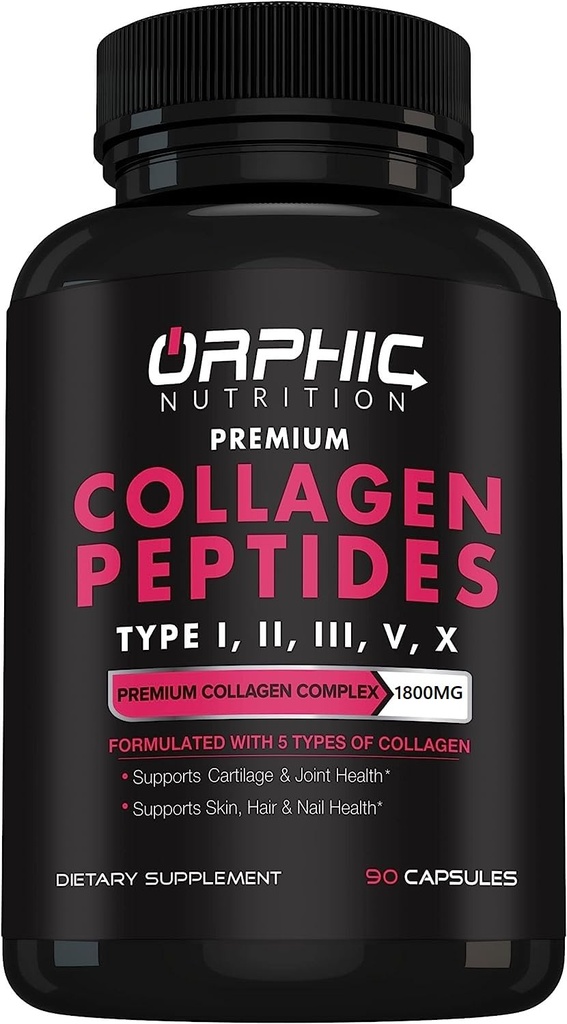 ORPHIC NUTRITION Collageen Peptides Capsules for Women,1800mg Multi Collageen Pillen Types I, II, III, V, X - Ondersteunt Digestieve Gezondheid Onderhoud van sterke gewrichten, Tendons, ligamenten en spieren* 90 Caps