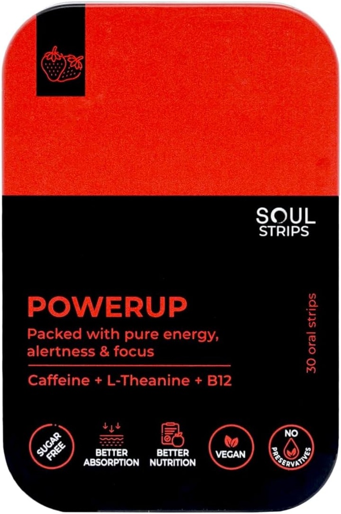 Soul Strips Power Up - Workout + Energie Oral Strips met Cafeïne, L-Theanine, Vitamine B12, Aardbei smaak, Verbetert de stofwisseling, Quick Absorb, Dagelijks gebruik, Zero Sugar, Vegan, 30 Strips Pack