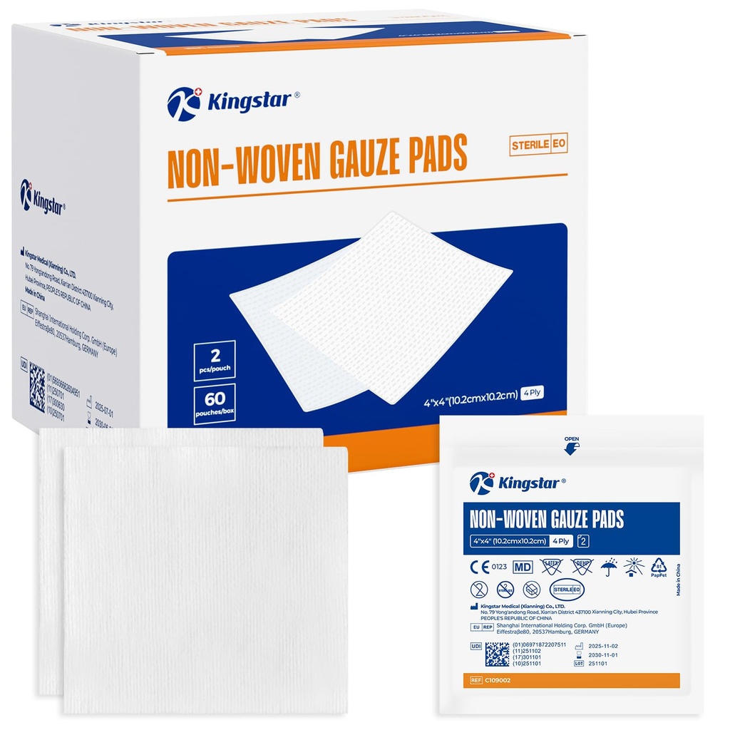 Kingstar Sterile Non-tissé Gauze Pads, 4"x 4" Dressing Wound, 60 Packs - 120 Pièces Superior Soft Sponge Pads, Compresseurs de gaze plus absorbants pour soins de traumatisme ou de blessure post-opératoire