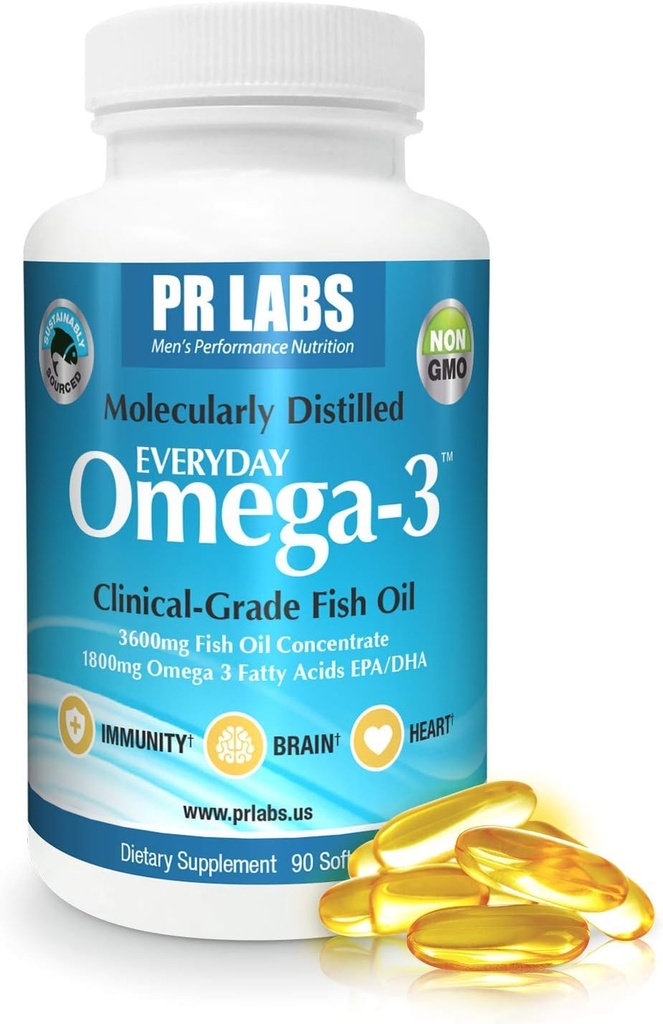 PR Labs - Everyday Omega-3 Clinical Grade Fish Oil Supplement for Men - Promoot Hart, Hersenen, Immuun en Gezamenlijke Ondersteuning - Duurzaam Gesourced en Moleculair Gedistilleerd - 1800mg EPA en DHA - 1 Pack