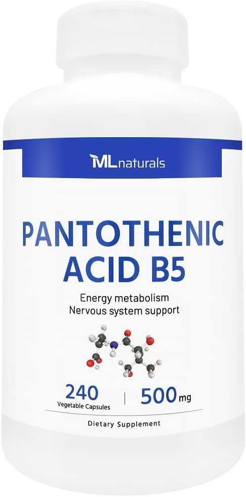 ML Naturals Pantothenic Acid B5 240 Plantaardige Capsules. Energiemetabolisme, ondersteuning van het zenuwstelsel, NSF-gecertificeerd en cGMP-compliant