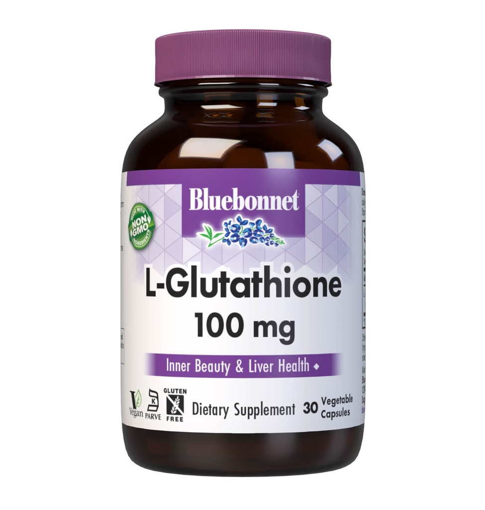 Bluebonnet Nutrition L-Glutathione 100mg, vrij-vorm-Aminozuur, voor vrije radicale bescherming, sojavrij, glutenvrij, non-GMO, Kosher gecertificeerd, veganistisch, 30 plantaardige capsules, 30 porties