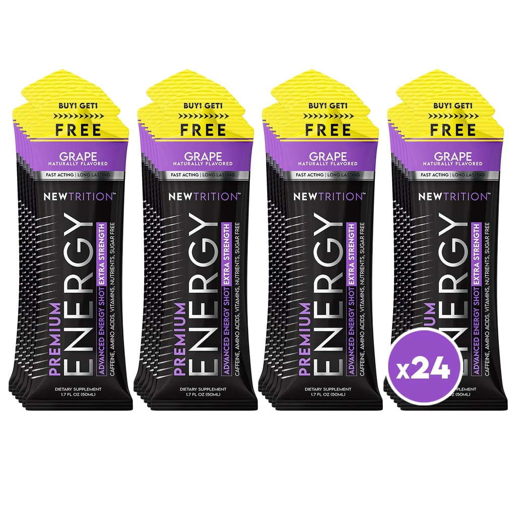 NewTrition® Extra Strength Energy Shots, 250mg Cafeïne Energie Shots met vitamine B & Aminozuren, Sugar-Free Vitamine Energy Shot, 1,7 fl oz (verpakking van 24, druiven)