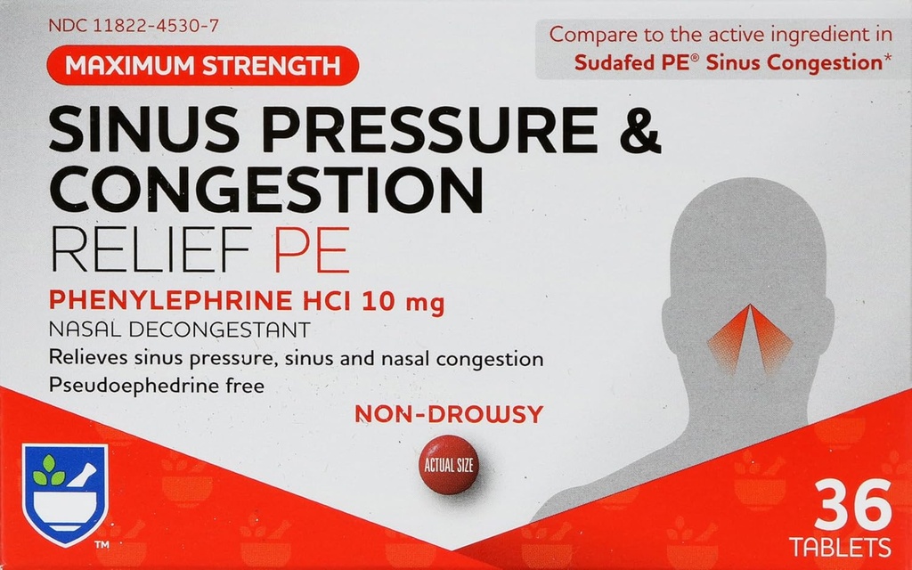 Rite Aid Sinus druk en congestie Non-Drowsy Relief PE, 10mg - 36 Tablets Nasal Decongestant 