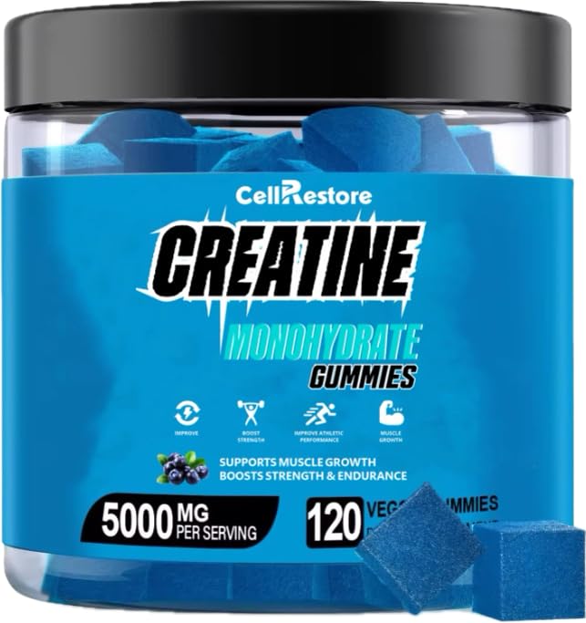 Creatine Monohydraat Gummies voor mannen & vrouwen-5g van Creatine Monohydraat per Serving- Help Verhoog de sterkte en bouw spier, Sugar Free, Vegan, Blueberry Flavor, 120 Tel.