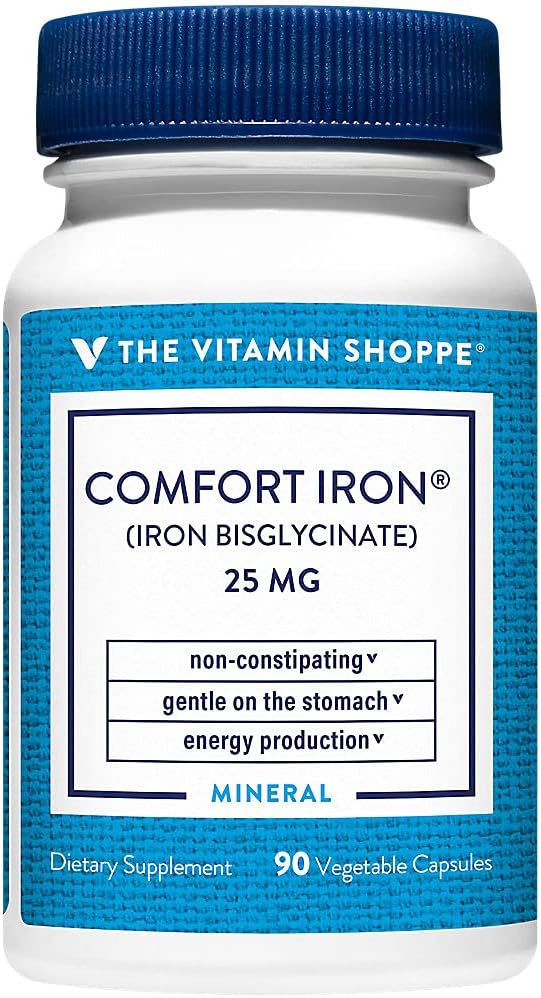 La vitamine Shoppe Comfort Fer 25MG, Bisglycinate de fer étudié cliniquement, production d'énergie et soutien immunitaire, doux et non constipant (90 Capsules de Véggie)