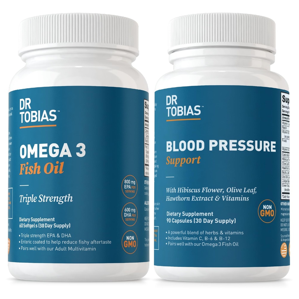 Dr. Tobias Omega 3 Visolie & Blood Pressure Support Supplements for Heart, Brain, Immune, Circulatory Health, with Vitamin C, B6, B12, Niacin, Folate & Herbs