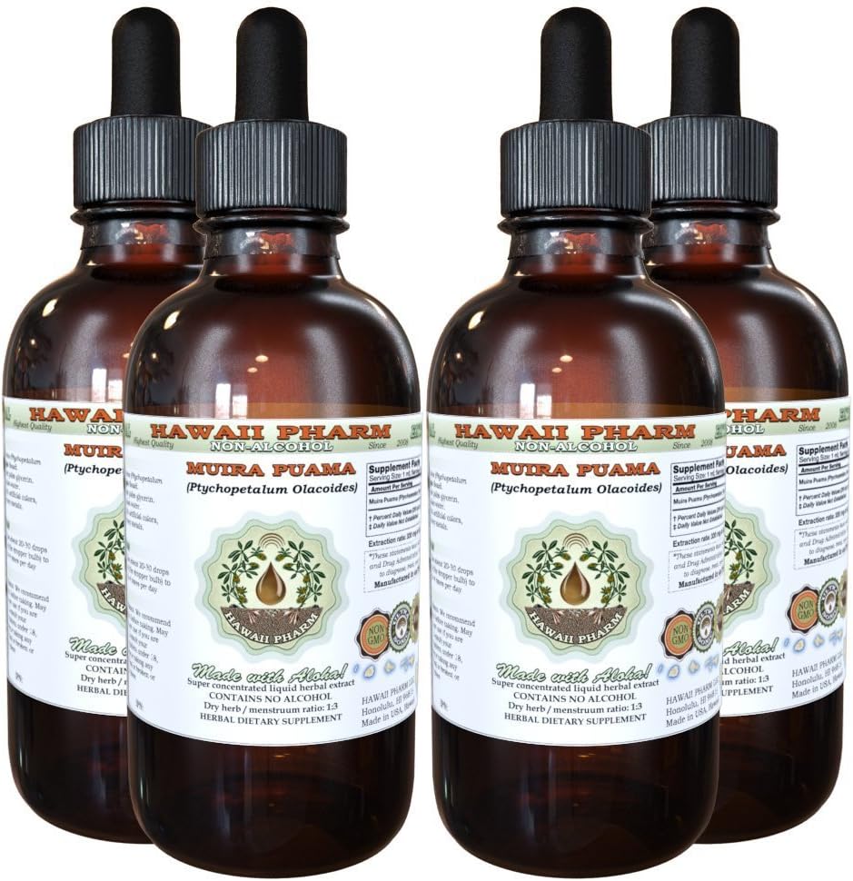Muira Puama Alcoholvrij Liquid Extract, Biologische Muira Puama (Ptychopetalum Olacoides) Glycerite Natural Herbal Supplement, Hawaii Pharm, USA 4x4 oz