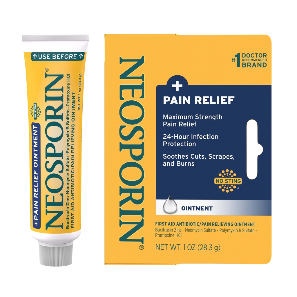 Neoclosporine + maximale sterkte Triple Antibiotische Zalf met pijnverlichting, dubbele actie Eerste hulp wondverzorging, no-sting formule met Pramoxine HCl, Bacitracin Zink, 1 oz enkele buis
