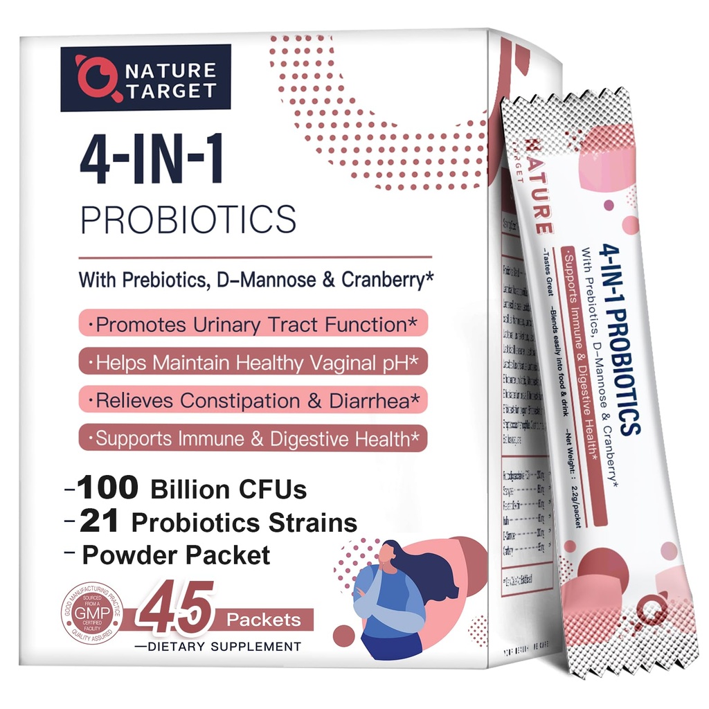 NATUUR TARGET Probiotica-voor-Vrouwen Prebiotica-en-Probiotica-Powder, 100-miljard-CFUs 45-Dag-Supply, Vrouwen-Probiotica met D-Mannose en Cranberry voor Urinaire Tract/Gut/Digestieve Gezondheid