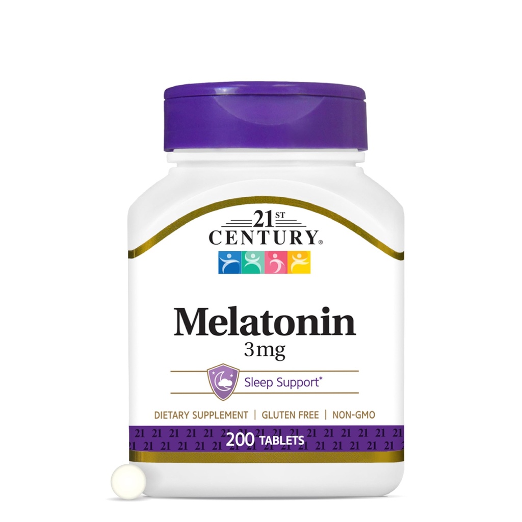 21e eeuw Melatonine 3mg Zachte sterkte tabletten, 200 Tel, Slaaphulp voor volwassenen, bevordert ontspanning en rust, niet-habit vorming, Glutenvrije, niet-GMO