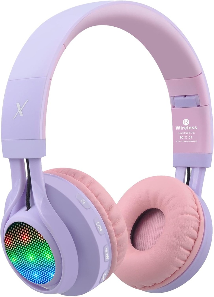 Casques Bluetooth Riwbox WT-7S Kids Light Up, casque sans fil pliable Stero, avec microphone et contrôle de volume, confortable et durable, pour PC/Tablet/TV/Travel(Purple)