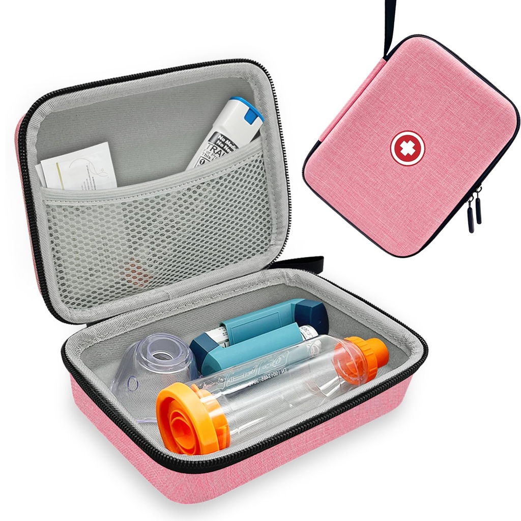 Hard Inhaler Spacer Case voor kinderen en volwassenen, Astma Inhaler Case met Mesh Pocket voor Geneeskunde en andere accessoires, Roze (alleen Bag)