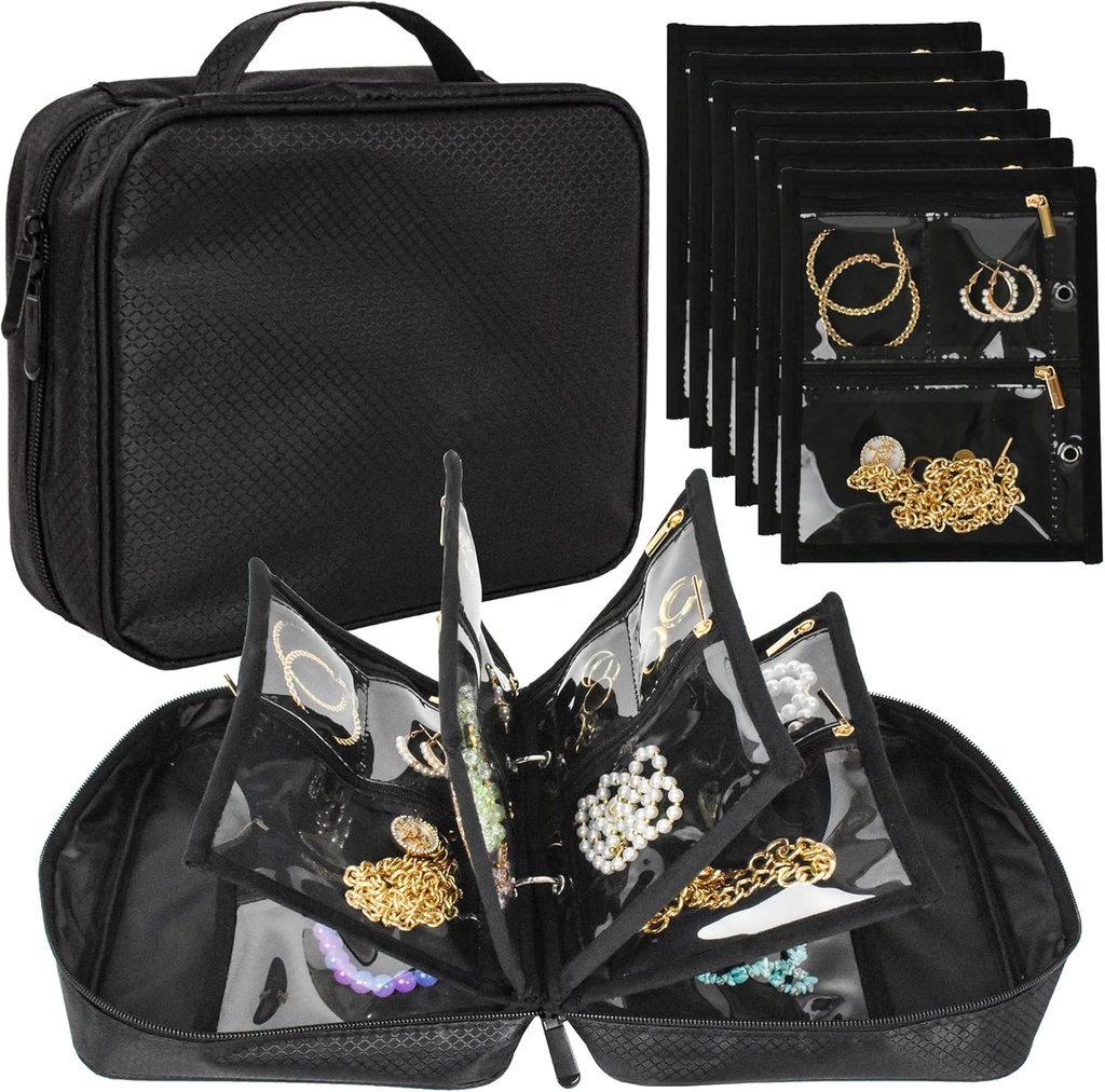 Reis Sieraden Organisator Case, Juwelen Tassen sieraden opslag boek Binder met Clear Zipper Velvet Pouch voor reizen,Earrings, ringen, ketting, armband