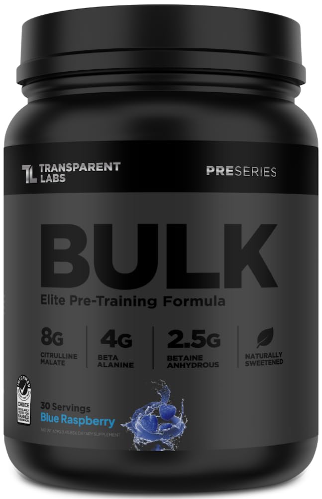 Labs transparents Bulk Black Préentraînement - cliniquement dosé, naturellement sucré Préentraînement pour les hommes et les femmes avec Beta Alanine poudre, Citrulline Malate, et caféine- 30 portions, framboise bleue