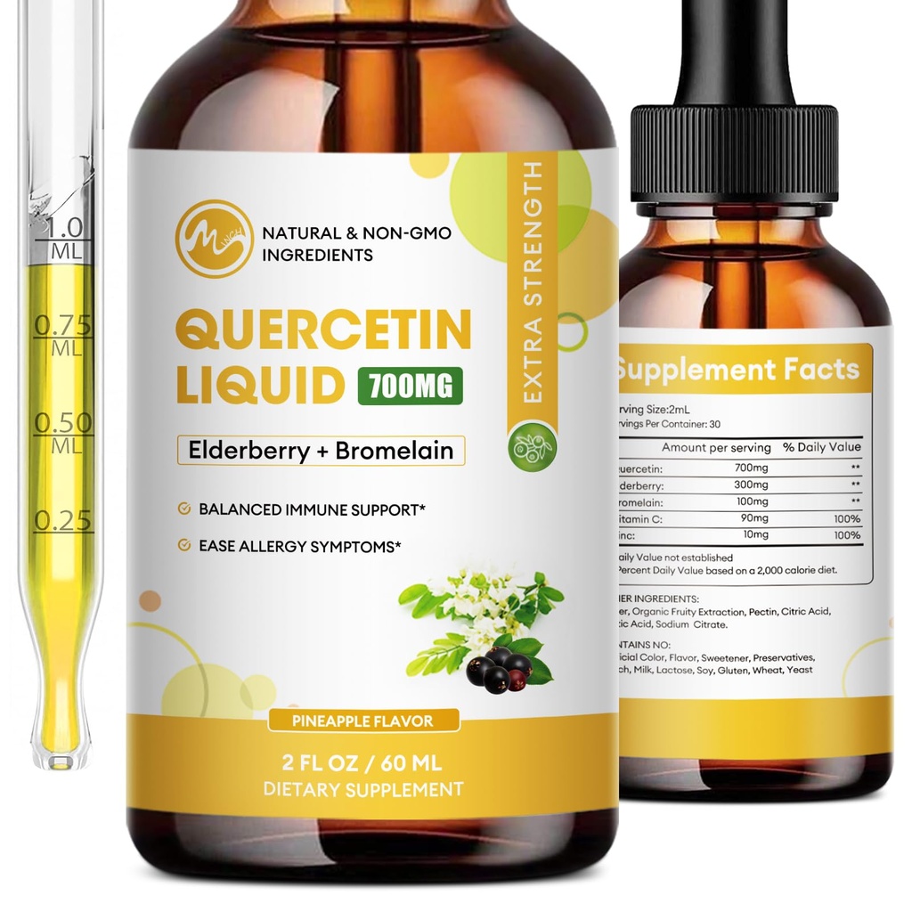 Quercetine Liquid Drops - quercetine Supplementen 700mg - 4X Sterker dan pillen & capsules - 5 in 1 quercetine met bromelaine Vlierbessen Vitamine voor Immunity Health Respiratory Health Huidverzorging - 2 Fl Oz