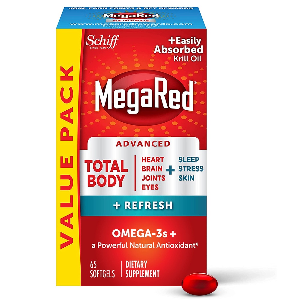 MegaRed Omega-3 Blend Total Body + Refresh 500mg Softgels, (65 Tel in een fles), Gemakkelijk geabsorbeerde Krill Oil, ter ondersteuning van uw hart, gewrichten, hersenen en ogen