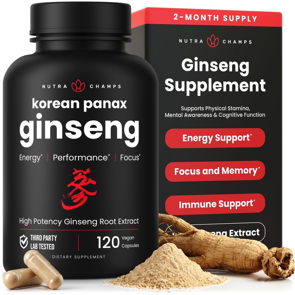 NutraChamps Korean Red Panax Ginseng Capsules Extra sterkte Ginsenosides voor energie, focus, prestaties, vitaliteit en Immuunondersteuning