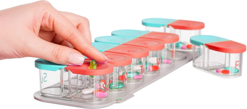 Sagely Smart XL Weekly pil Organizer AM/PM - Medicine Storage Organizer met Herinnering Alarm App (Groot genoeg om visolie, kabeljauwleverolie, vitamine D supplementen & vitamines te passen)(Mint / Coral)