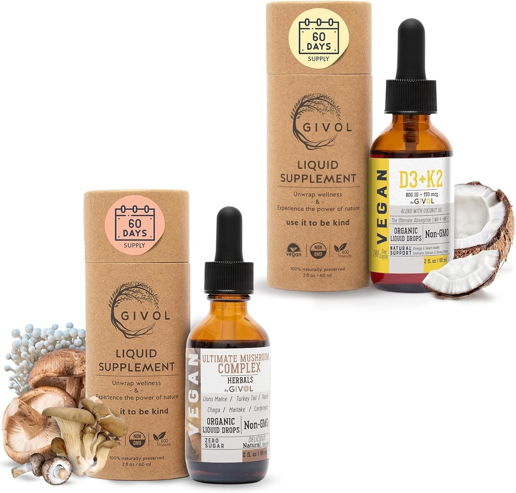 Ultimate Mushroom Complex Liquid Drops with Vitamin D3 + K2 (MK4 & MK7) for Natural Wellness: Plant Based, Vegan Formula with Fractionated Coconut Oil - Supports and Daily Vitality