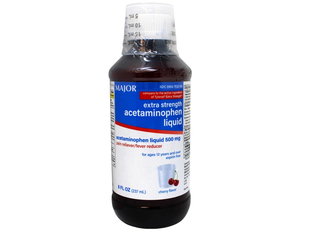 MAJOR Adult Extra Strength Liquid Acetaminophen - 500 mg Acetaminophen/15 ml Dose - Pain Reliver and Fever Reducer - Cherry Flavor - 8 Fl Oz (Verpakking mei Vary)