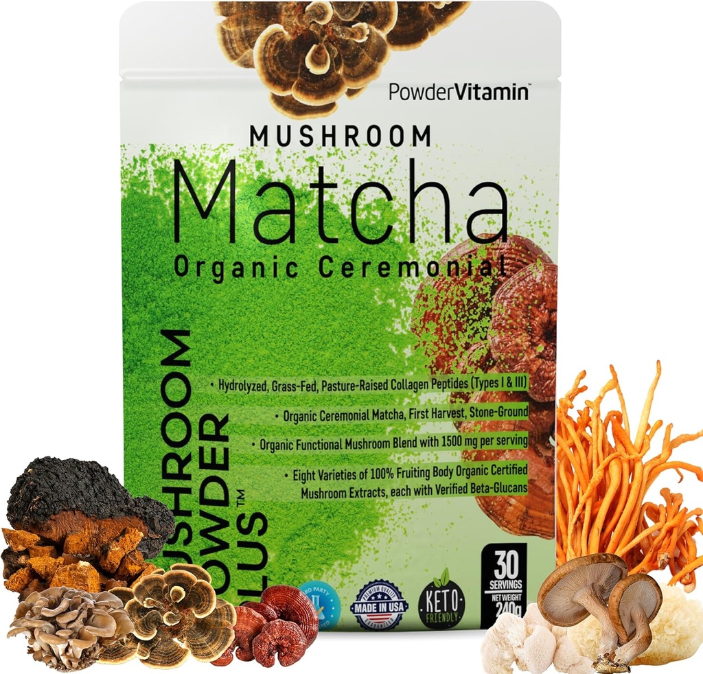 PoederVitamine Biologische Ceremoniële Paddestoelen Matcha Gecertificeerd Pesticide-Free Grass-Fed Collageen Types I & III 8 Fruiting Body Paddestoelen Getest op Beta-Glucans Focus Digestie & Immunity 30 Servers