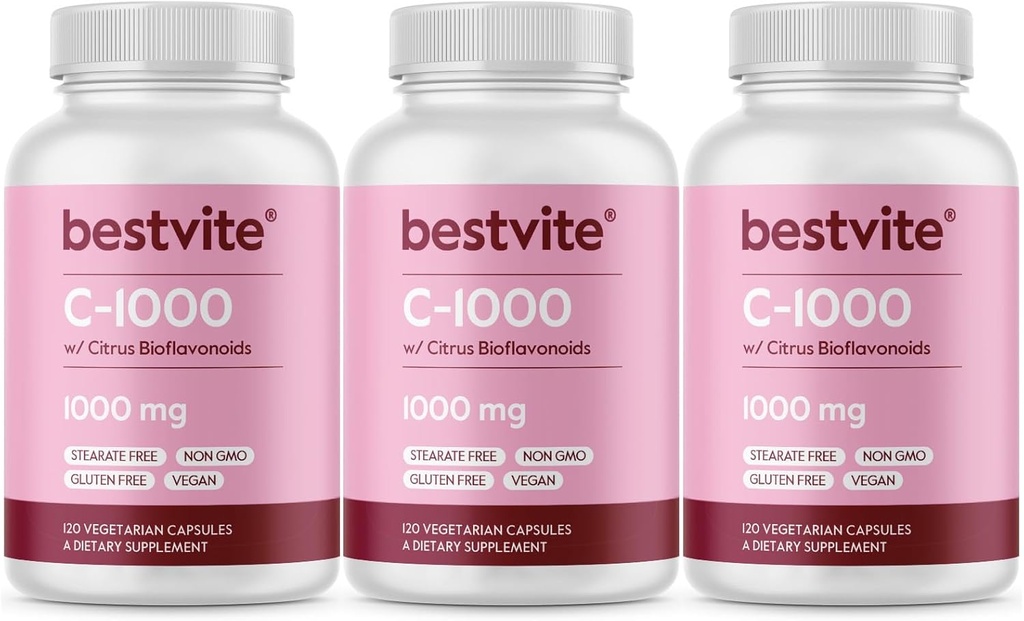 BESTVITE Vitamine C 1000mg (360 Vegetarische Capsules) (120 x 3) met Citrus Bioflavinoïden - Geen Stearates - Veganistisch - Niet GGO - Glutenvrij