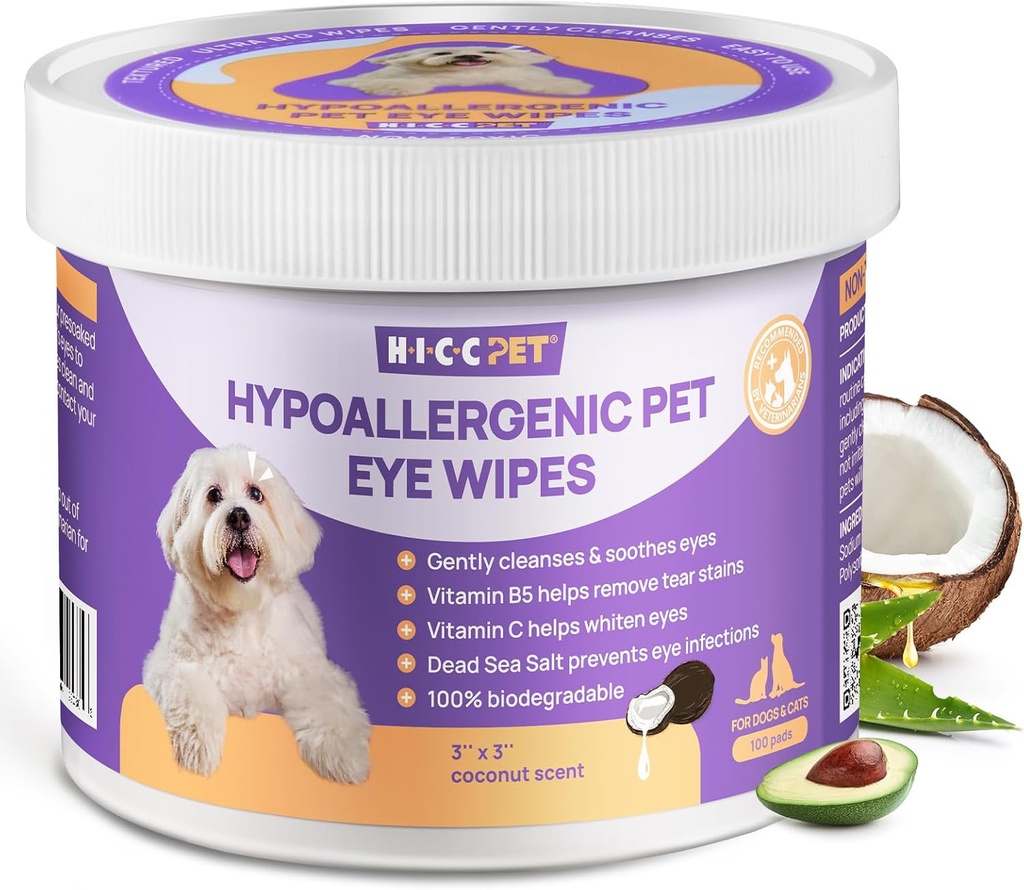 HICC PET Eyes Wipes for Dogs & Cats, Vet-Recommended Dog Eye Infection Treatment, Gently Verwijder Tear Stain, Debris, Discharge - Hypoallergeen Pet Eye Wash Cleaner voor ogen, rimpel, Gezicht - 100st