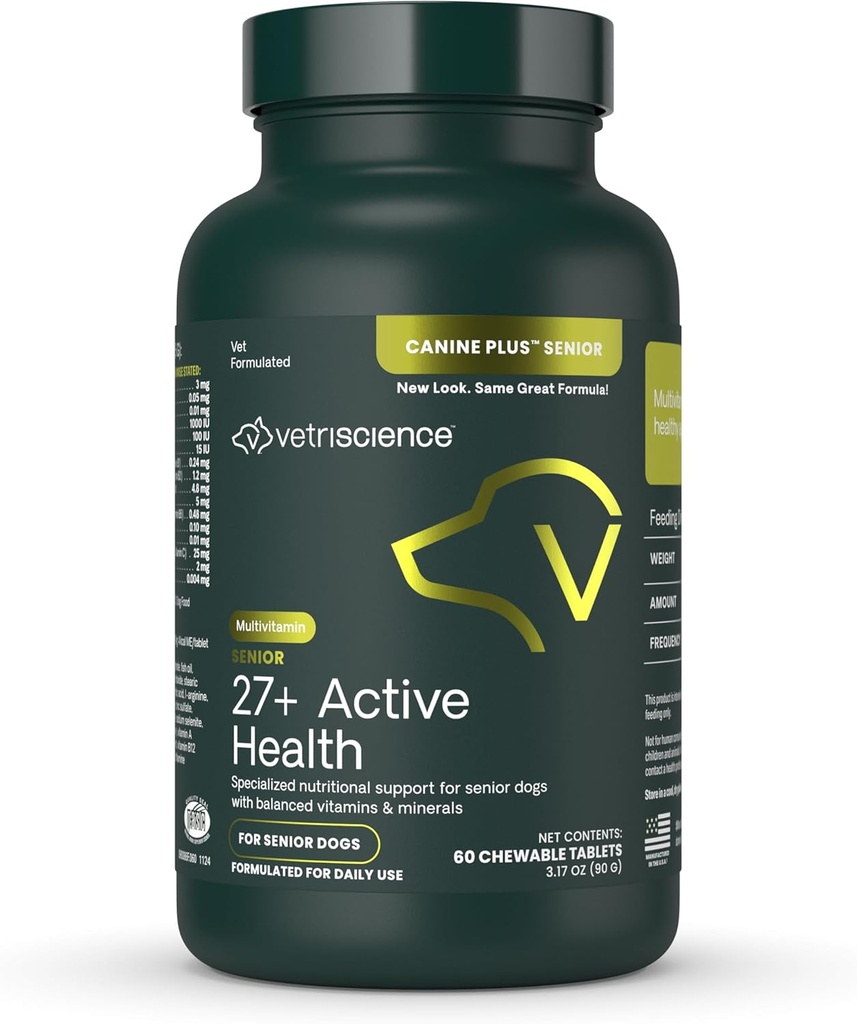 VetriScience Senior 27+ Actieve gezondheid Kauwtabletten, Canine Plus Dagelijkse Multivitamine voor senior honden, evenwichtige vitaminen, mineralen en antioxidanten, Veroudering en Wellness Ondersteuning, Veggie, 60 Tellen
