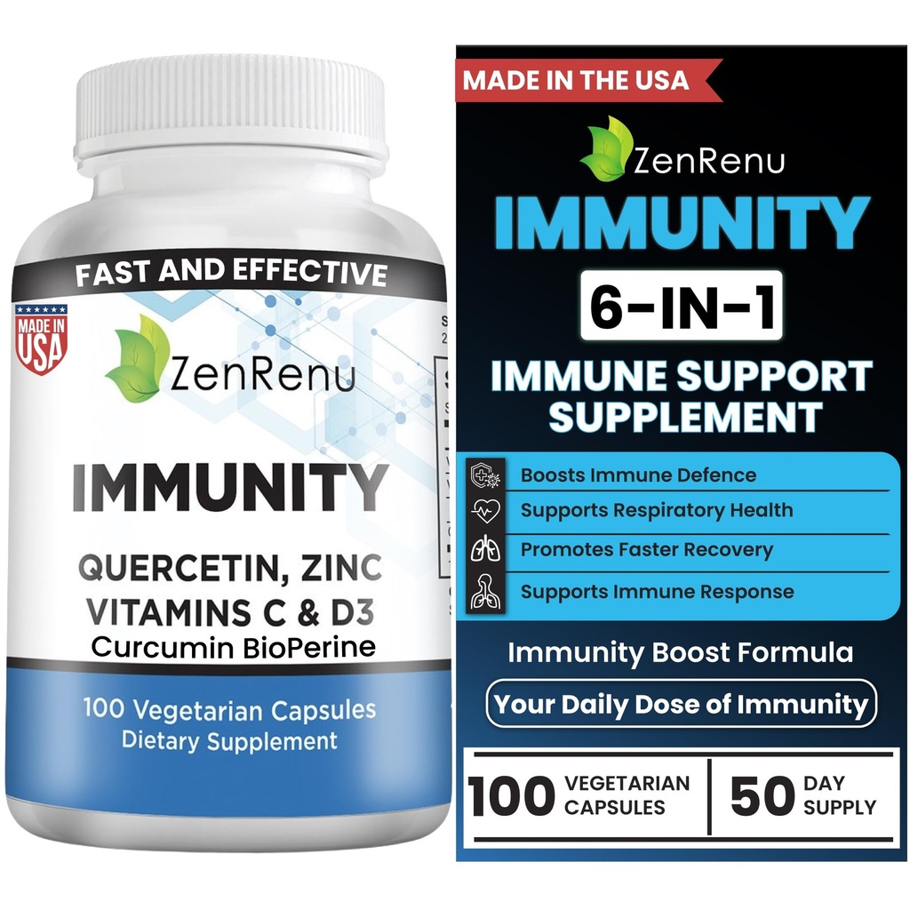 Zenrenu Immuniteit Quercetin 700 mg Zink Vitamine C Vitamine D Immuun Ondersteuning Supplement met Curcumine - Gemakkelijk te absorberen Immuniteitssupplement, 100 Vegetarische Capsules 50 dagen Levering