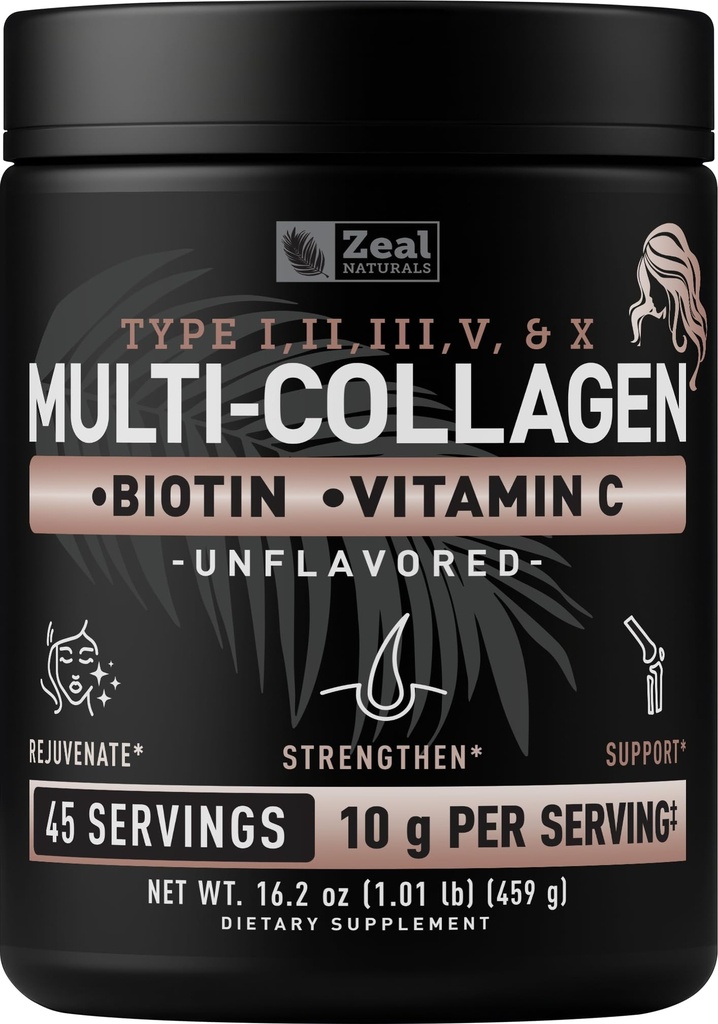 Poudre de protéines multicollagènes premium (1, 2, 3, 5 et 10) avec vitamine C, biotine, acide hyaluronique, pour la peau et les ongles des cheveux - Marine, Bovin, Poulet et coquille d'oeuf (non aromatisé, 45 portions)