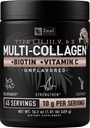 Poudre de protéines multicollagènes premium (1, 2, 3, 5 et 10) avec vitamine C, biotine, acide hyaluronique, pour la peau et les ongles des cheveux - Marine, Bovin, Poulet et coquille d'oeuf (non aromatisé, 45 portions)